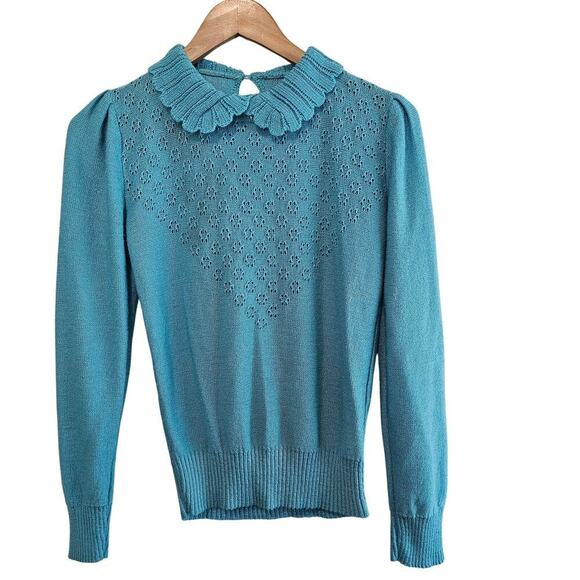 Vintage Preppy Sweater Women Size Small Blue 80s Knit Prairie Ruffle Collar Twee - Picture 1 of 10